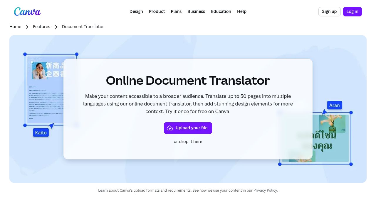 Canva document translator feature page