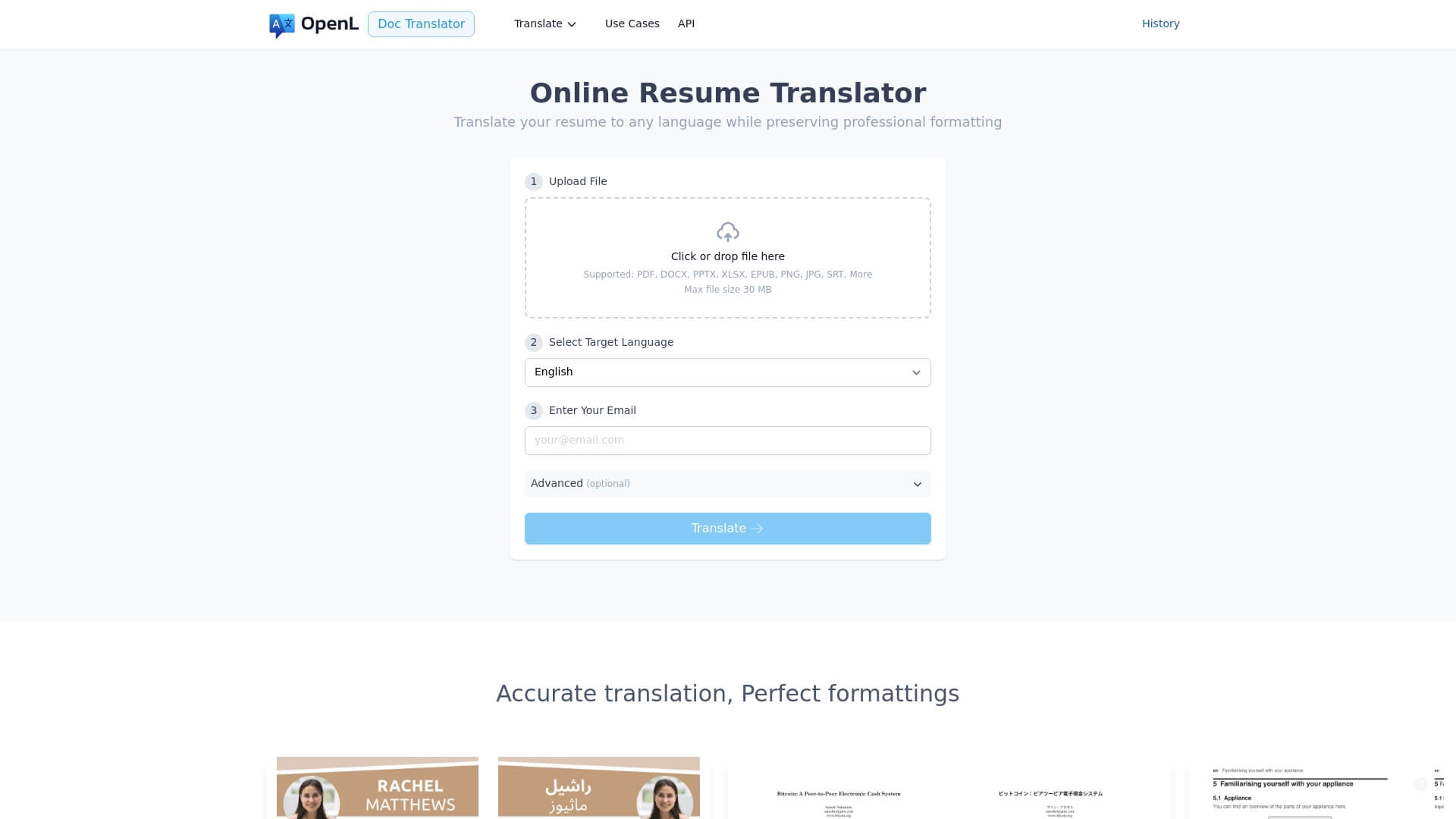 OpenL Doc Translator resume interface