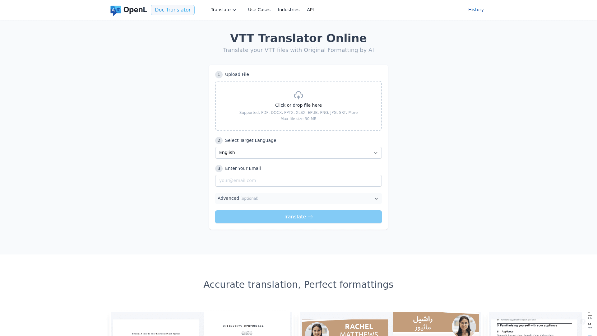OpenL VTT Translator Online interface