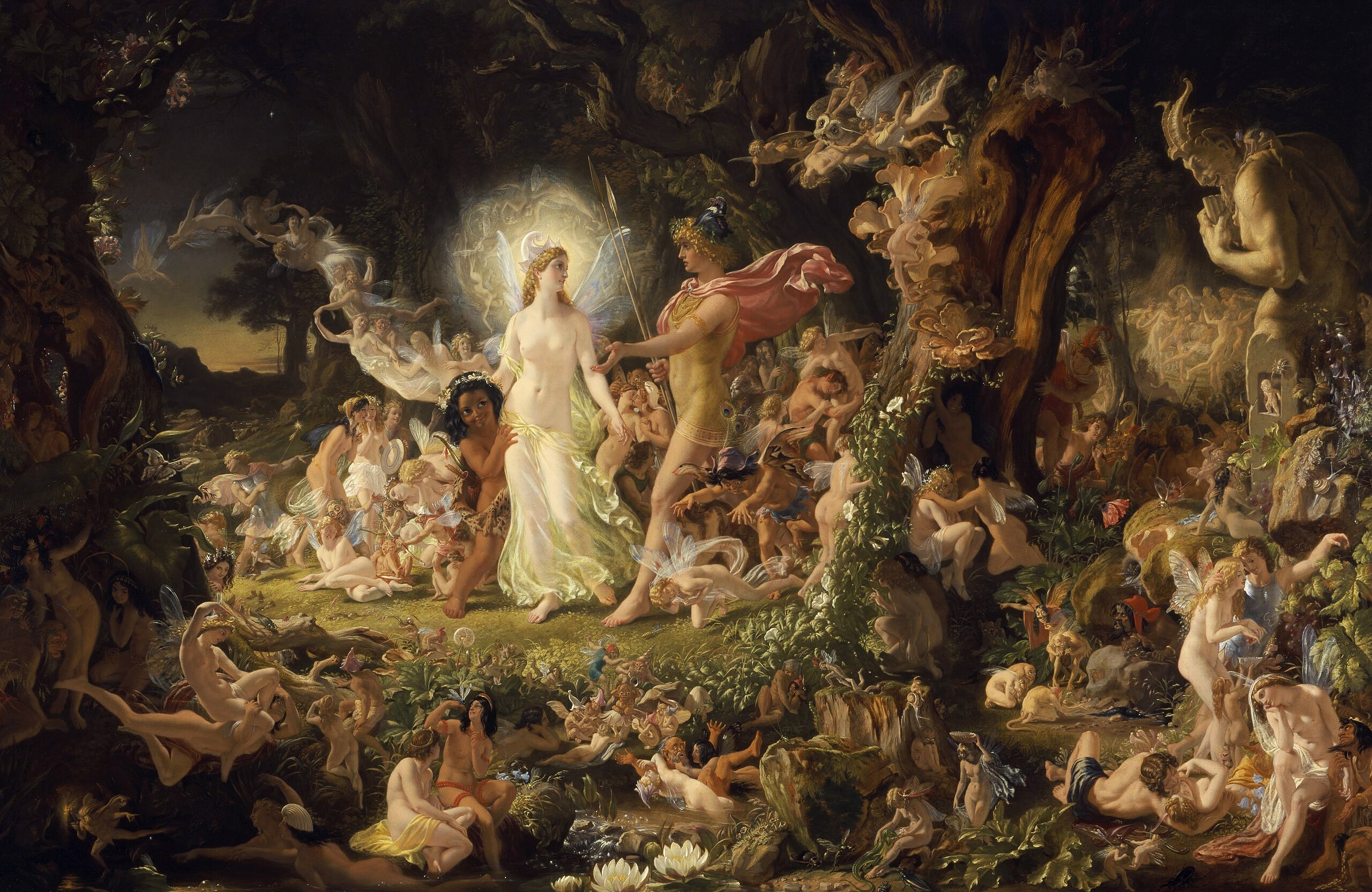 Victorian painting of Oberon and Titania arguing in A Midsummer Night's Dream.