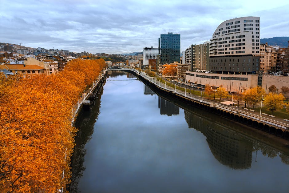 Bilbao riverfront skyline in autumn