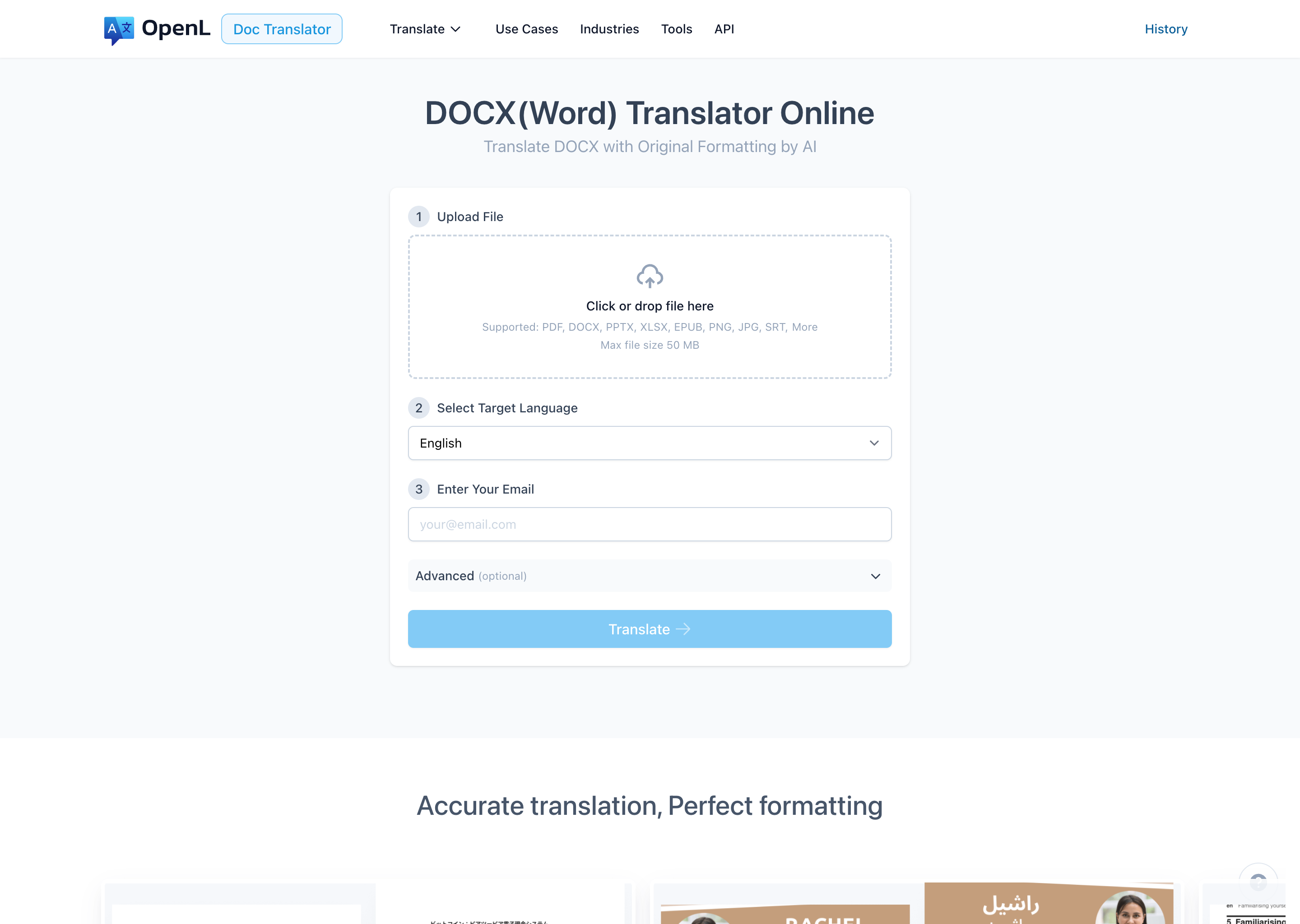 OpenL DOCX Translator upload page