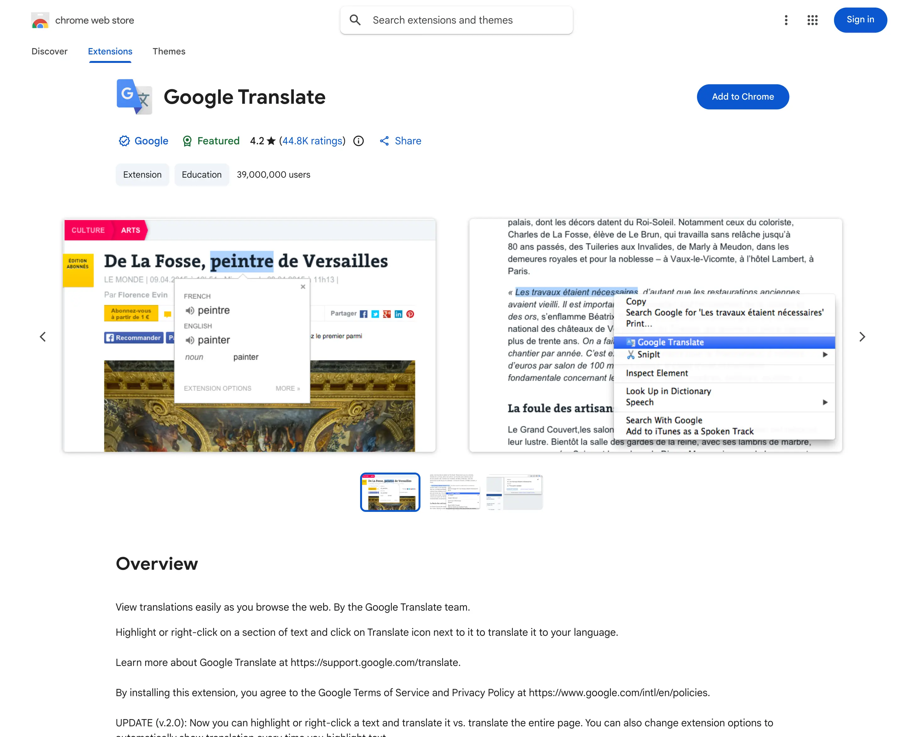 Google Translate Chrome Web Store listing in English